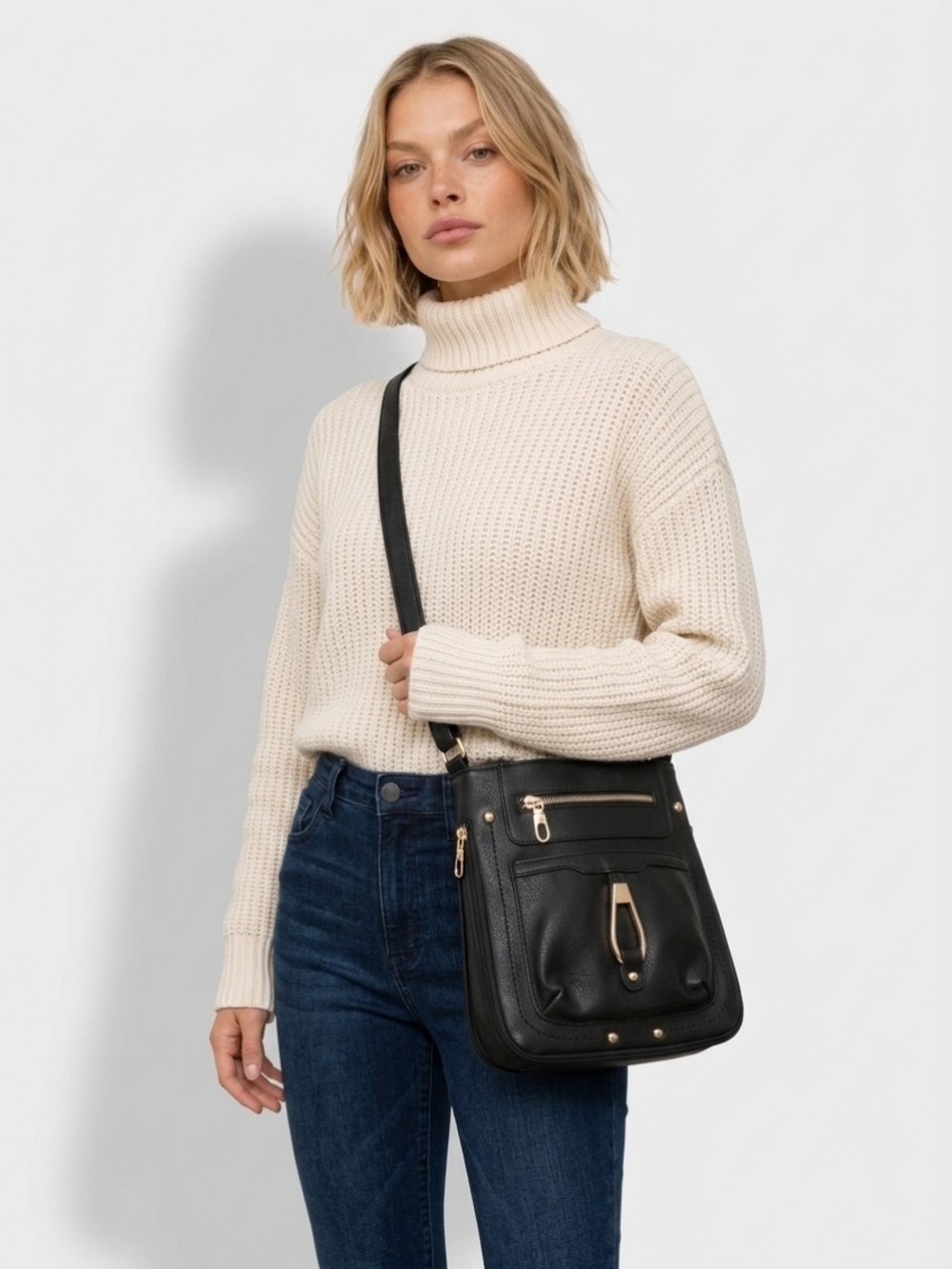 Black Crossbody Bag with Gold Hardware - Women